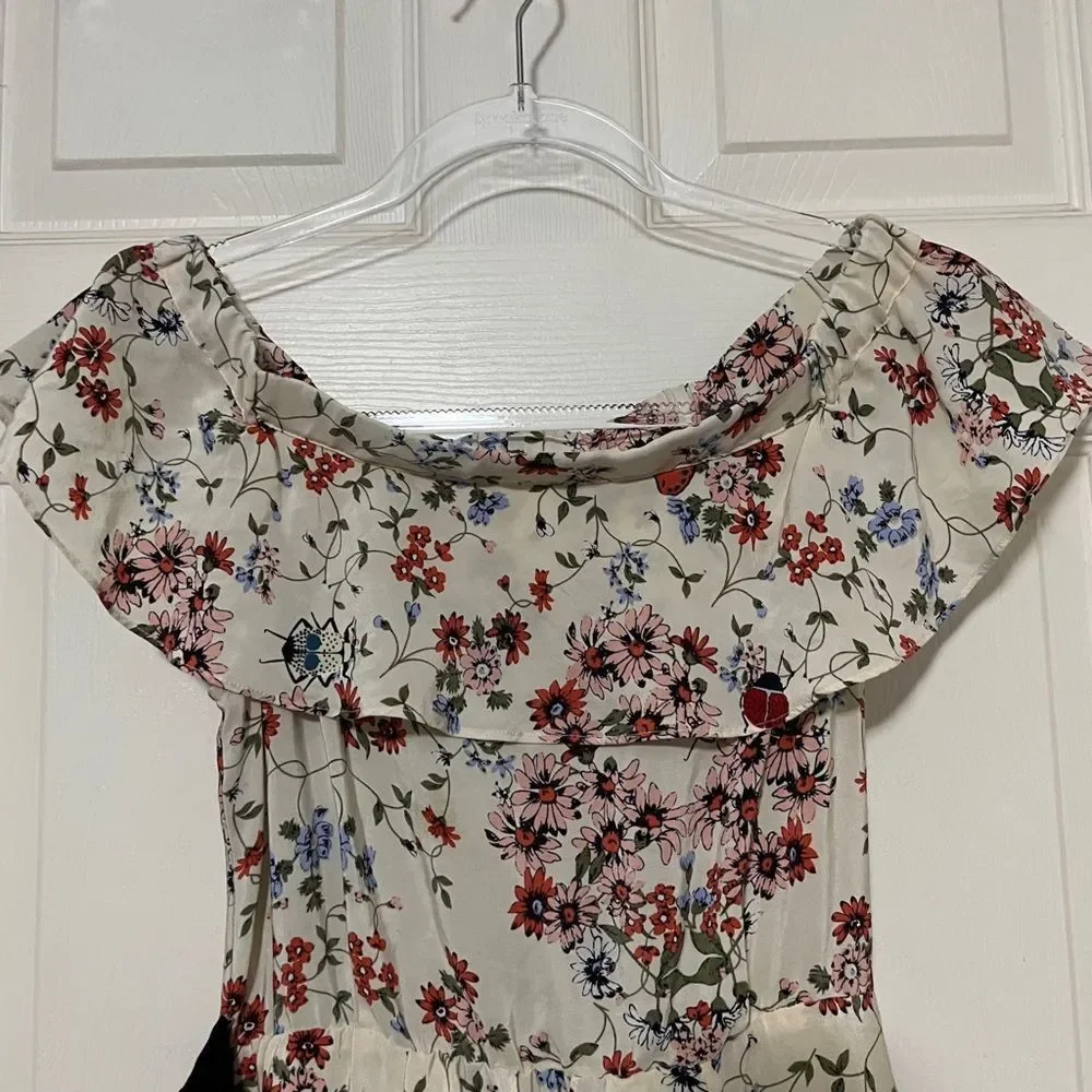 Maje | Modern Cottagecore | Lined |Silk | Butterfly Ladybug Ruffled Floral Dress - Picture 5 of 13